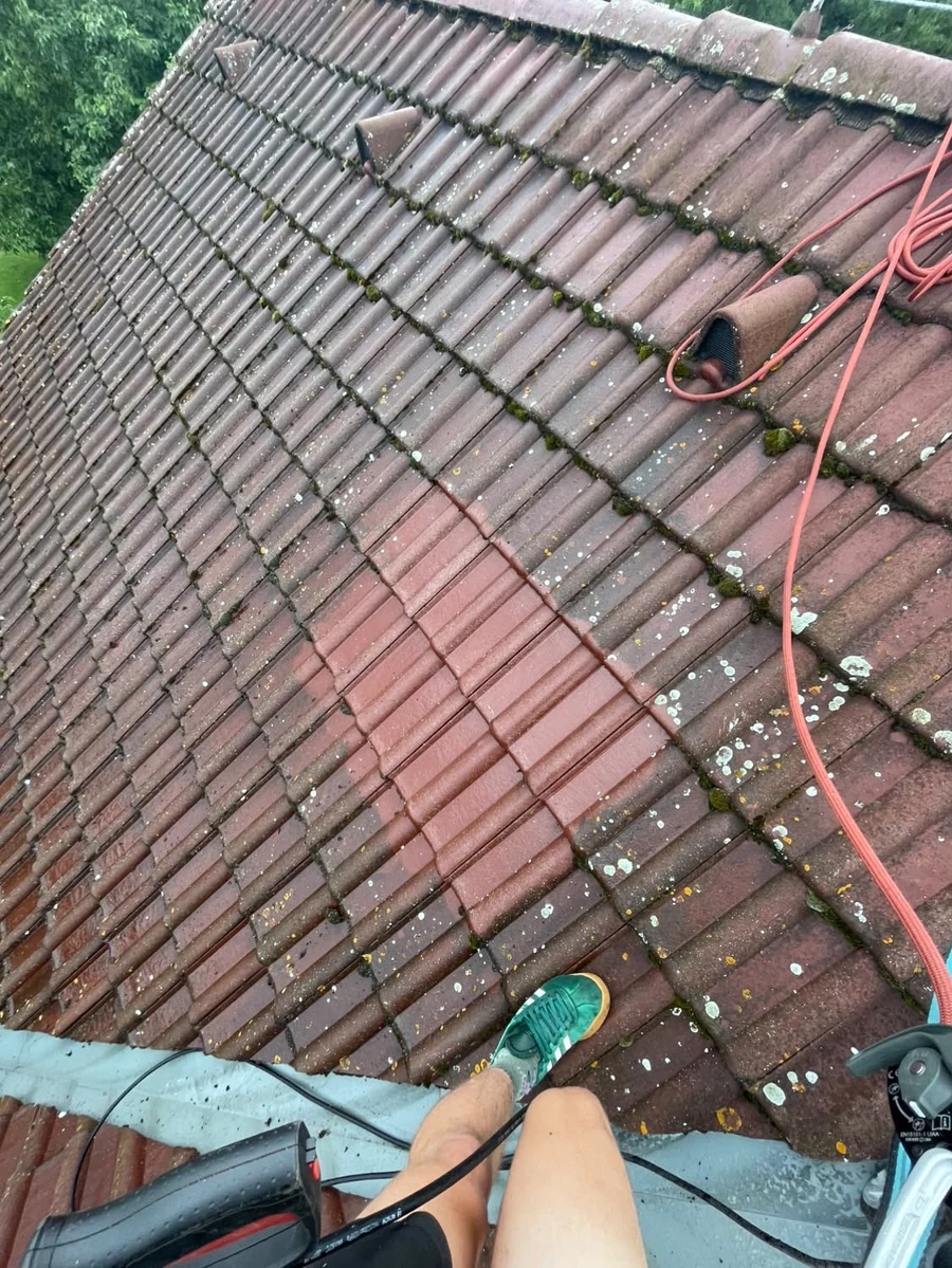 Detail střešních tašek s částečně vyčištěnou plochou
